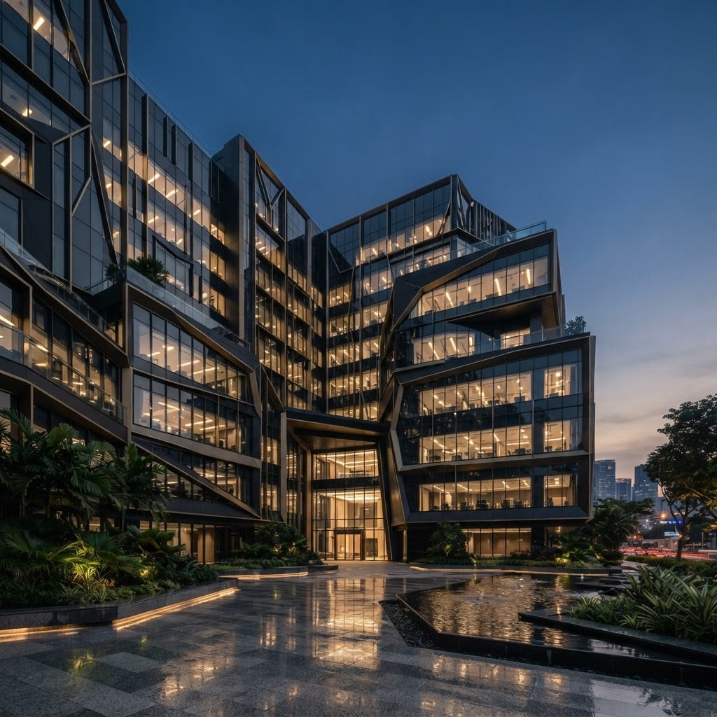 A contemporary business building illuminated at dusk