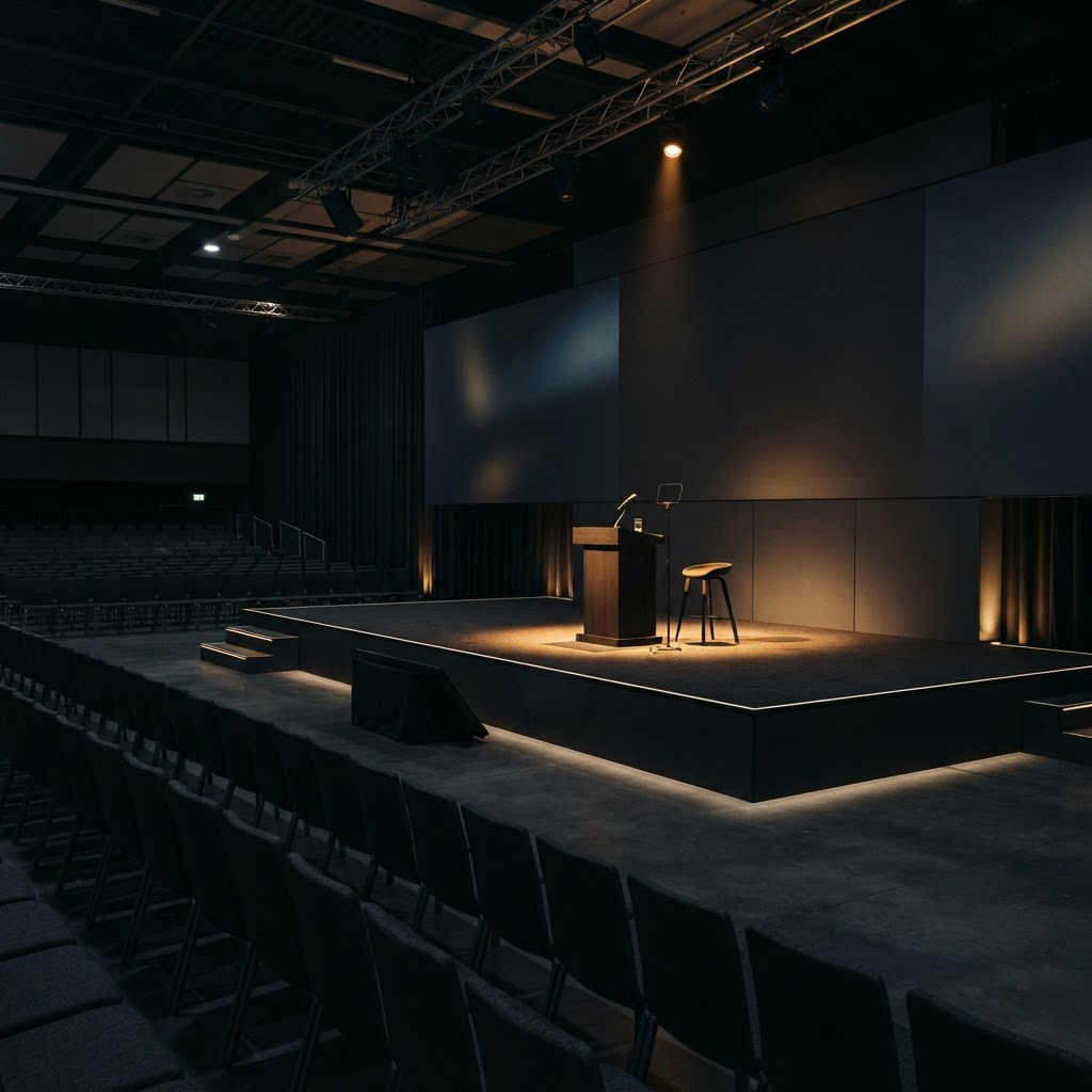 An empty conference stage ready for a future event