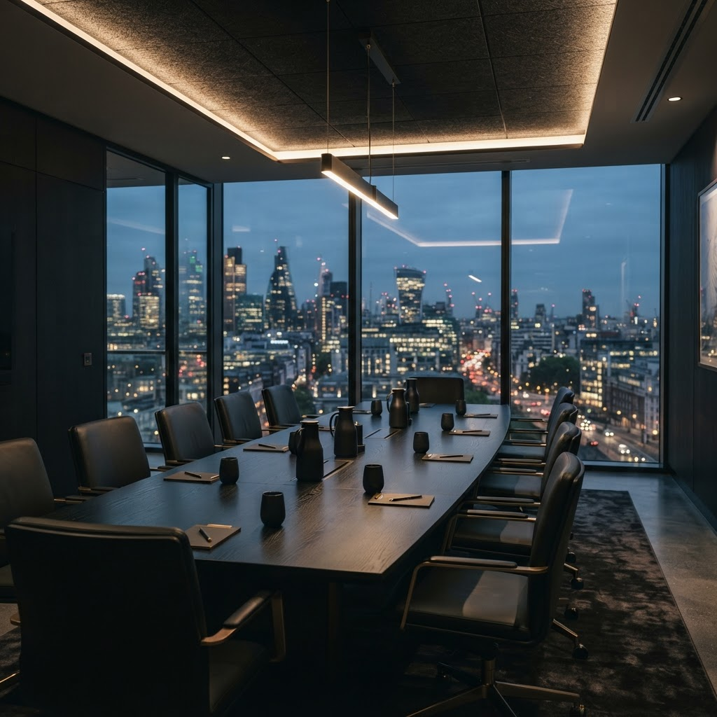An empty contemporary boardroom overlooking city lights